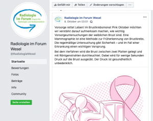 Bildschirmfoto der Facebook-Seite der Radiologie WEsel mit einem Beitrag zum Pink October